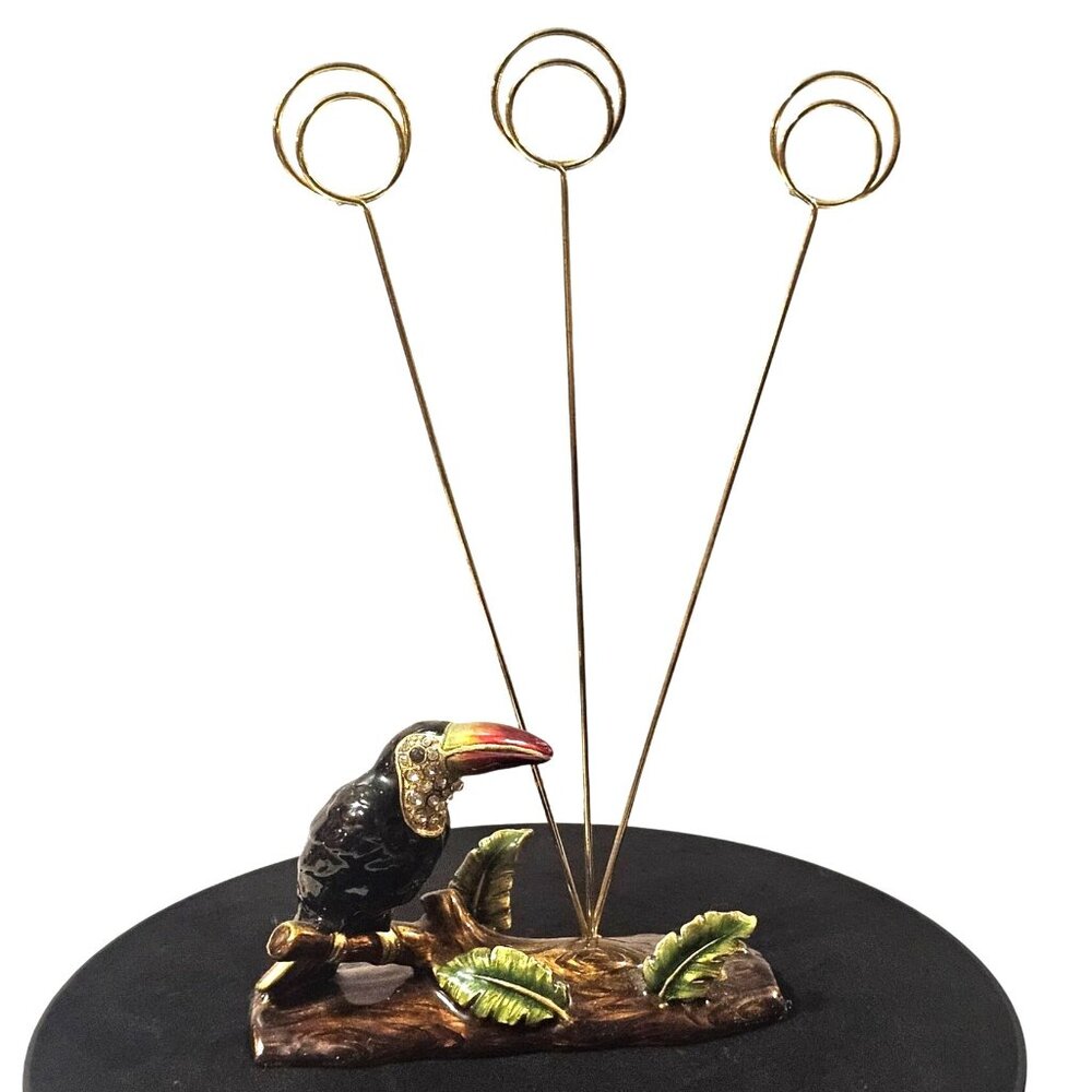 Lacquered Brass Toucan Bird Wire Picture Photo Card Holder Display Stand
